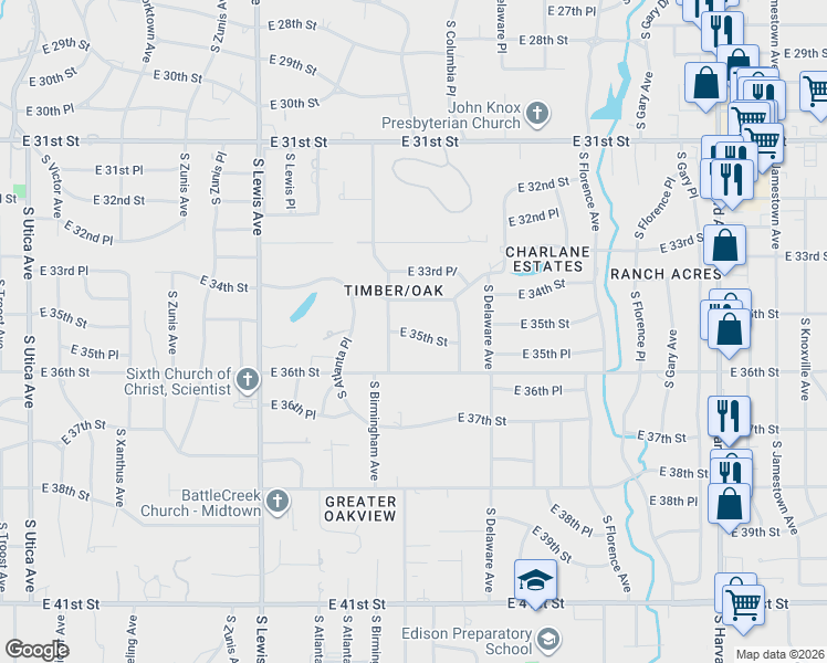 map of restaurants, bars, coffee shops, grocery stores, and more near 2626 East 35th Street in Tulsa