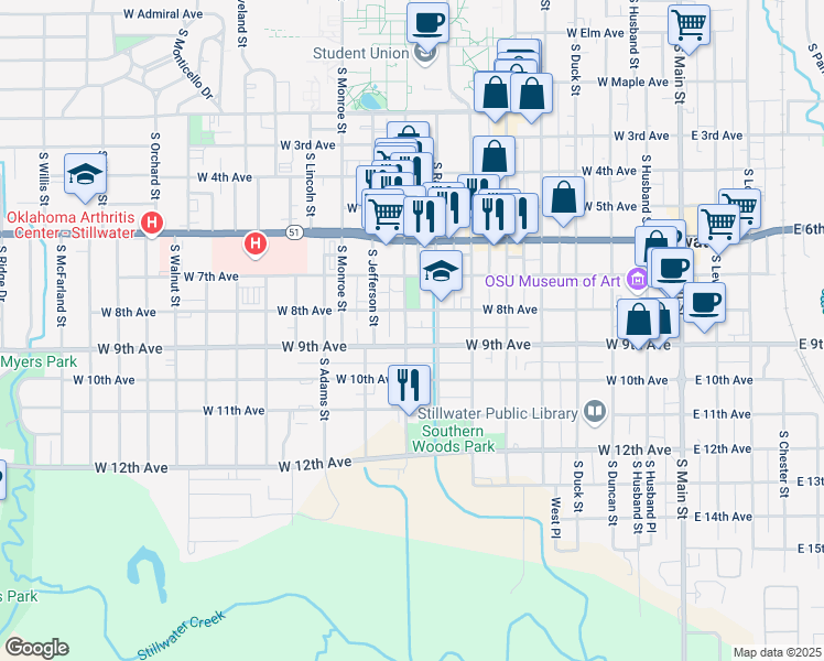 map of restaurants, bars, coffee shops, grocery stores, and more near 824 South Washington Street in Stillwater
