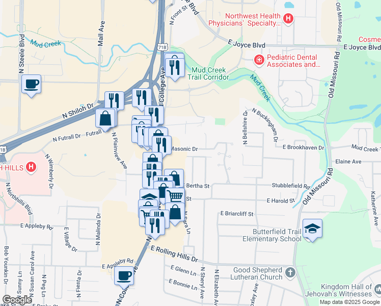 map of restaurants, bars, coffee shops, grocery stores, and more near 101 E Alice St in Fayetteville