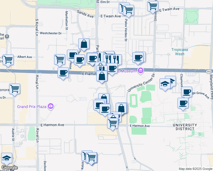 map of restaurants, bars, coffee shops, grocery stores, and more near 4202 Paradise Road in Las Vegas