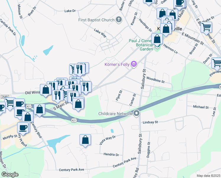map of restaurants, bars, coffee shops, grocery stores, and more near 627 South Main Street in Kernersville