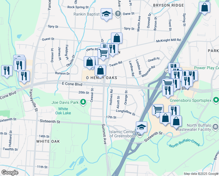 map of restaurants, bars, coffee shops, grocery stores, and more near 2907 Holmes Road in Greensboro