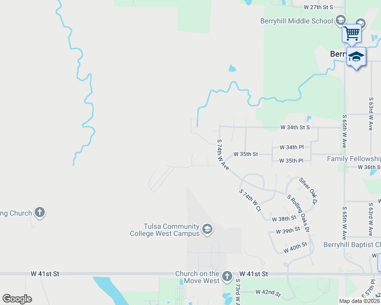 map of restaurants, bars, coffee shops, grocery stores, and more near 3431 South 76th West Avenue in Tulsa