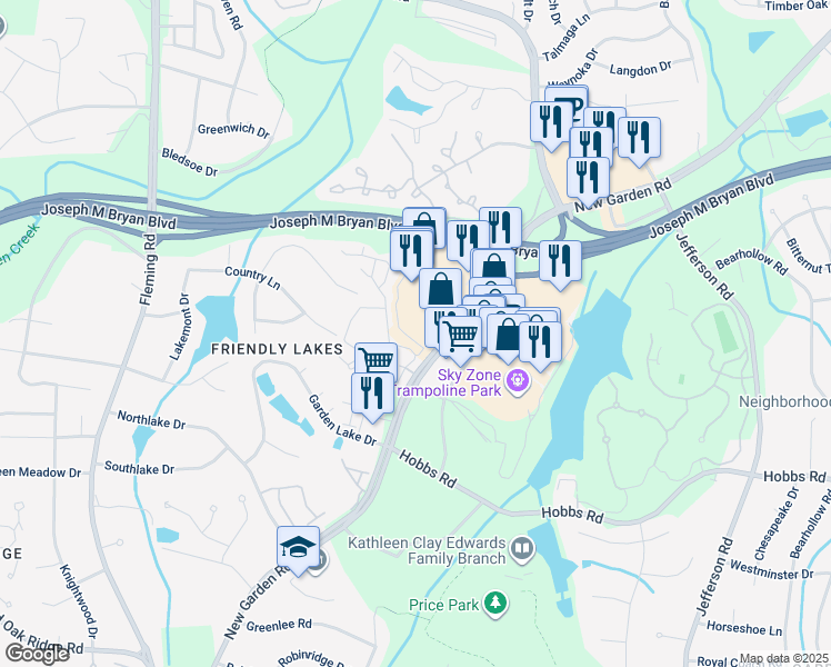map of restaurants, bars, coffee shops, grocery stores, and more near 1571 New Garden Road in Greensboro