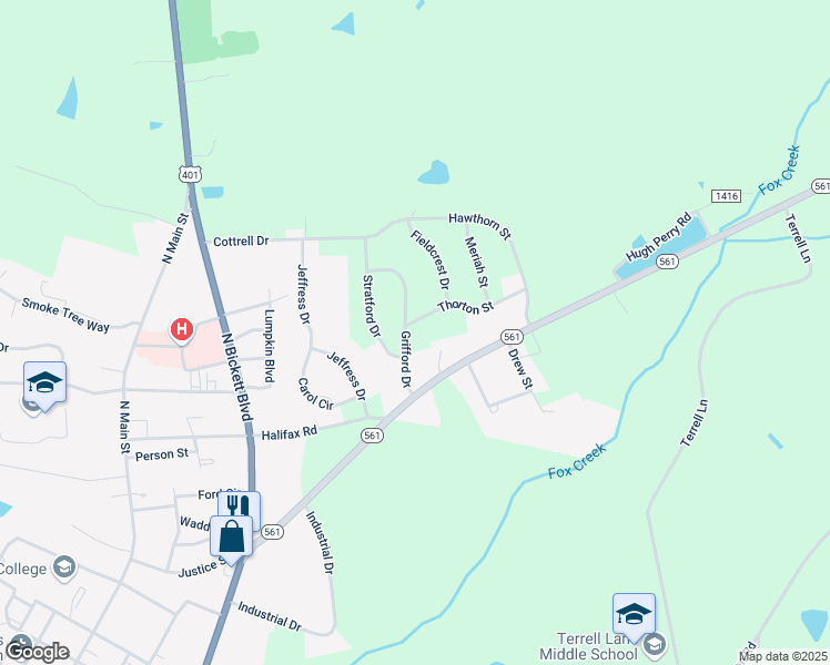 map of restaurants, bars, coffee shops, grocery stores, and more near 109 Grifford Drive in Louisburg