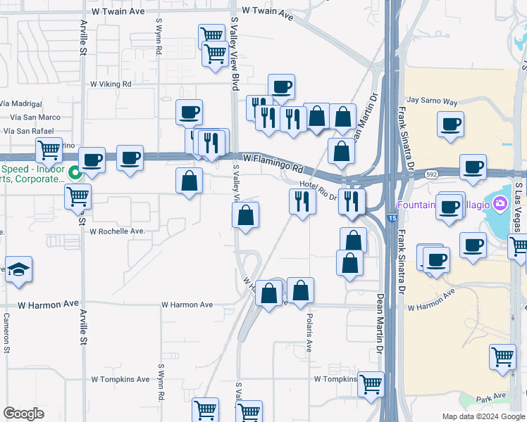 map of restaurants, bars, coffee shops, grocery stores, and more near 4200 South Valley View Boulevard in Las Vegas