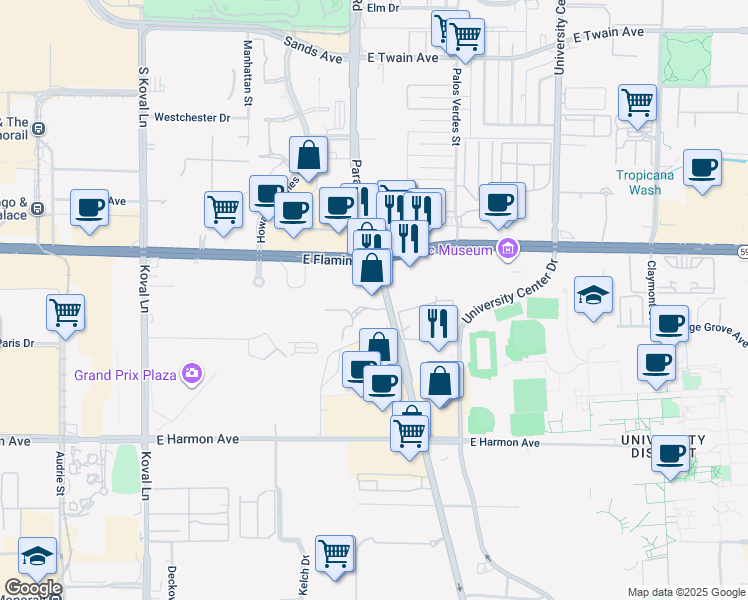 map of restaurants, bars, coffee shops, grocery stores, and more near 4223-4255 Paradise Road in Las Vegas