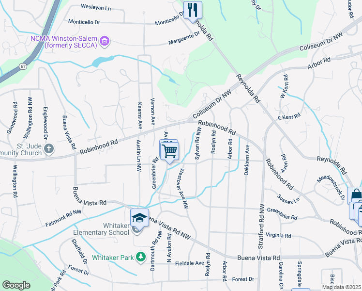 map of restaurants, bars, coffee shops, grocery stores, and more near 836 Westover Avenue Northwest in Winston-Salem