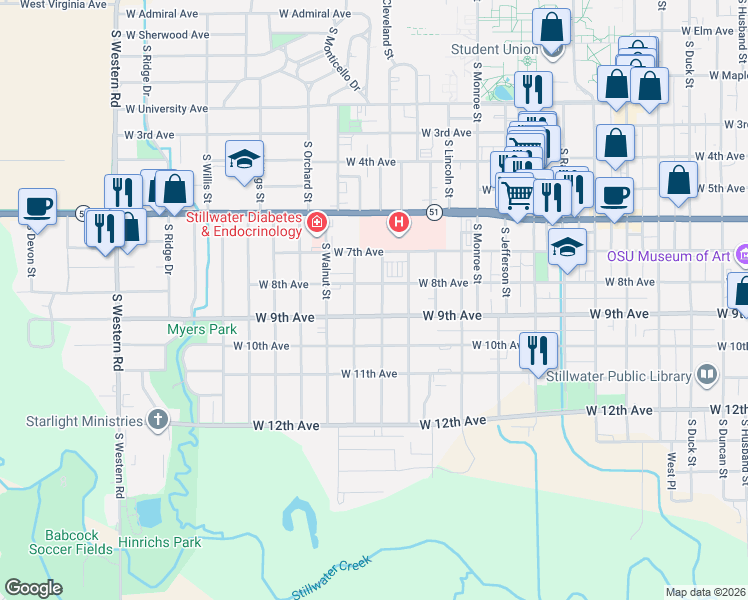 map of restaurants, bars, coffee shops, grocery stores, and more near 821 South Pine Street in Stillwater