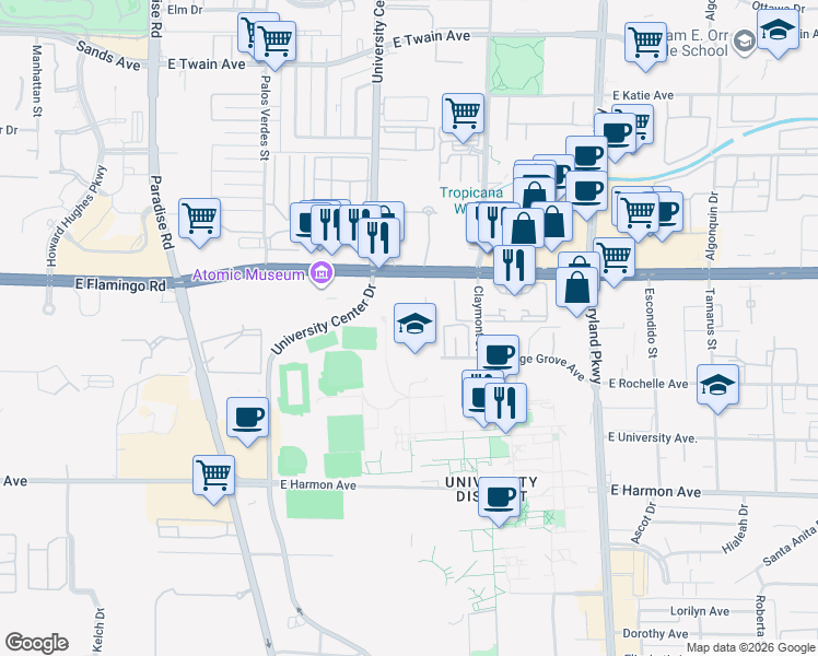 map of restaurants, bars, coffee shops, grocery stores, and more near 900 Cottage Grove Avenue in Las Vegas