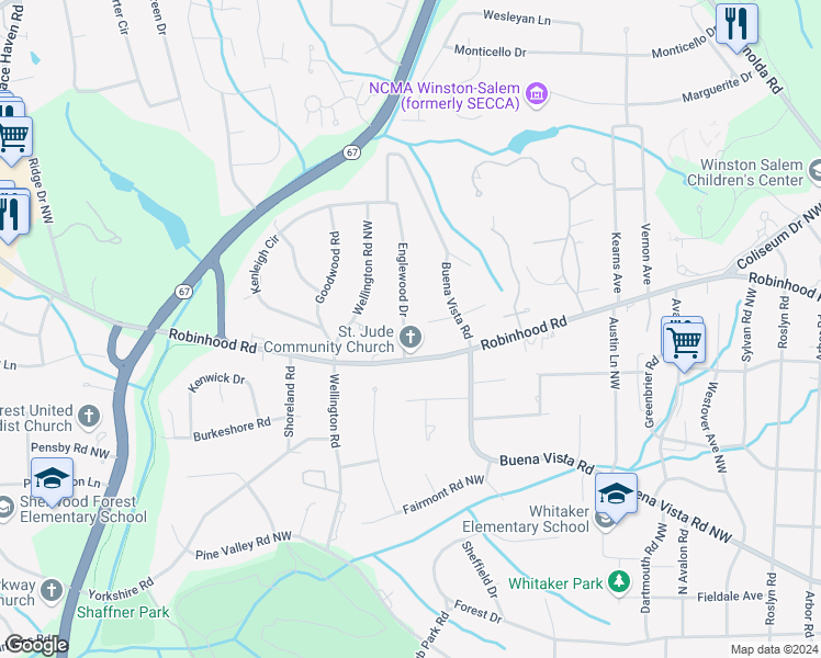 map of restaurants, bars, coffee shops, grocery stores, and more near 941 Englewood Drive in Winston-Salem