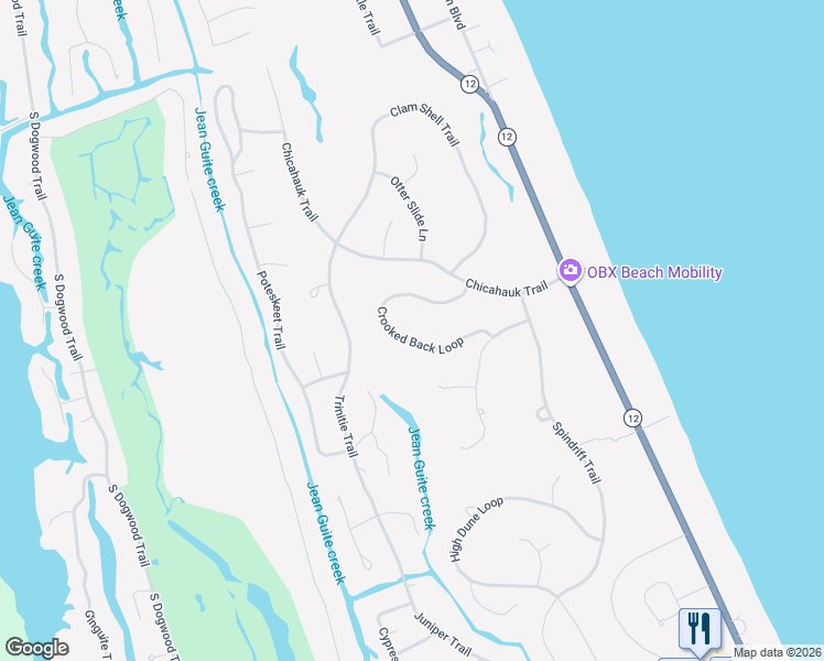 map of restaurants, bars, coffee shops, grocery stores, and more near 139 Crooked Back Loop in Kitty Hawk