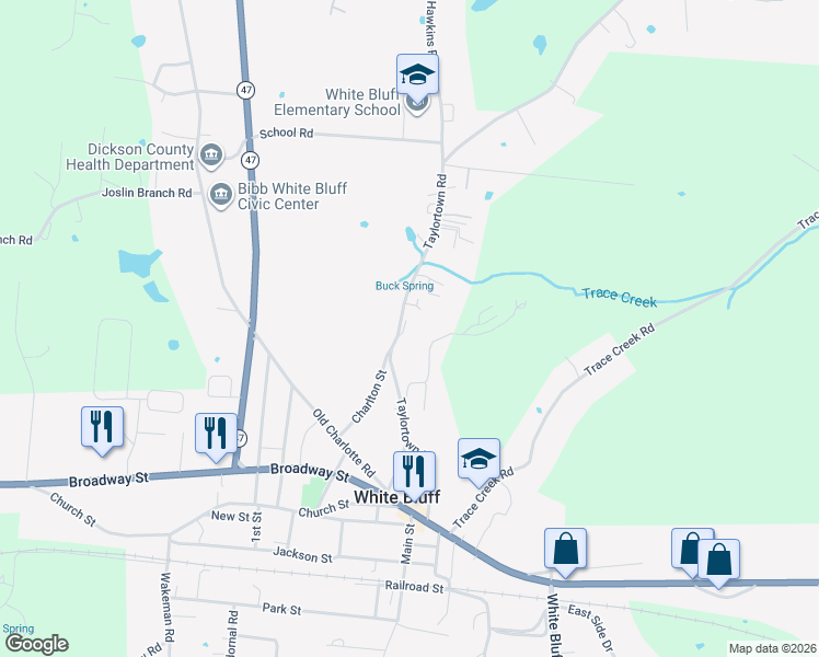 map of restaurants, bars, coffee shops, grocery stores, and more near 1220 Taylortown Road in White Bluff