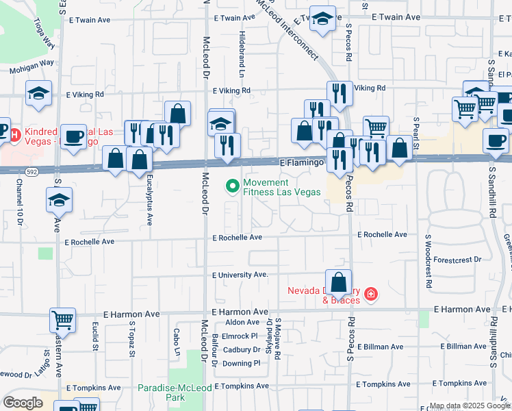 map of restaurants, bars, coffee shops, grocery stores, and more near 3145 East Flamingo Road in Las Vegas