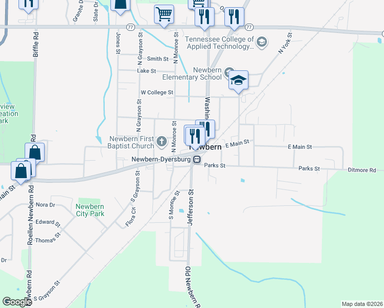 map of restaurants, bars, coffee shops, grocery stores, and more near in Newbern