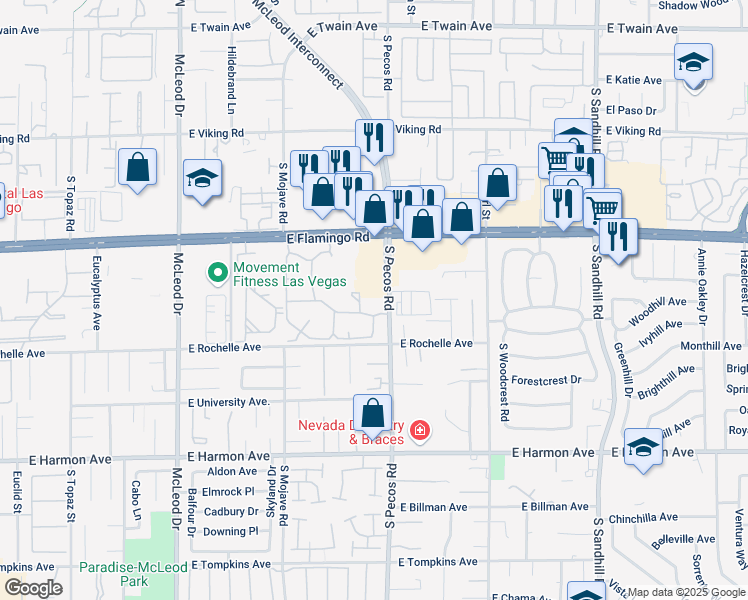 map of restaurants, bars, coffee shops, grocery stores, and more near 4245 South Pecos Road in Las Vegas