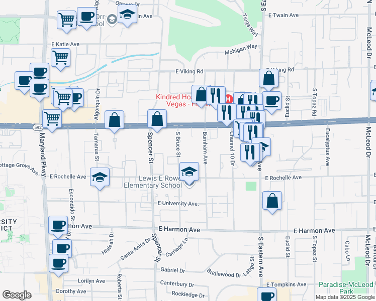 map of restaurants, bars, coffee shops, grocery stores, and more near 2075 East Flamingo Road in Las Vegas