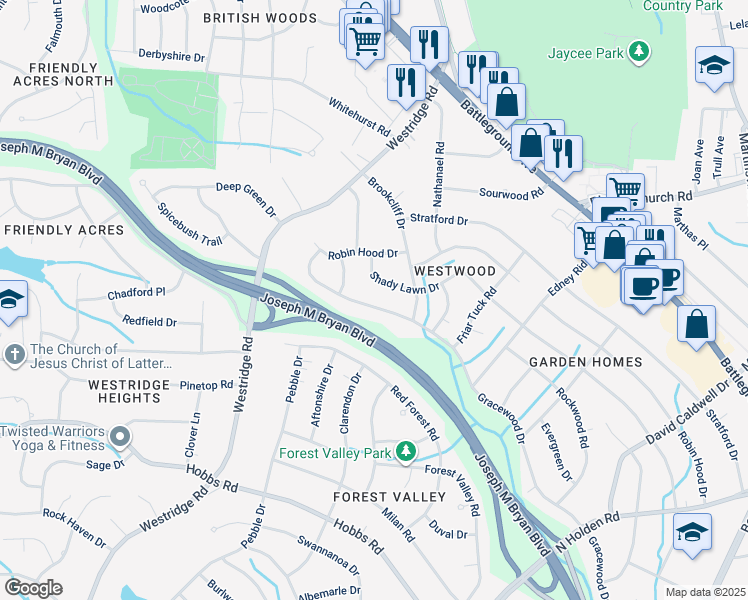 map of restaurants, bars, coffee shops, grocery stores, and more near 2510 Gracewood Drive in Greensboro