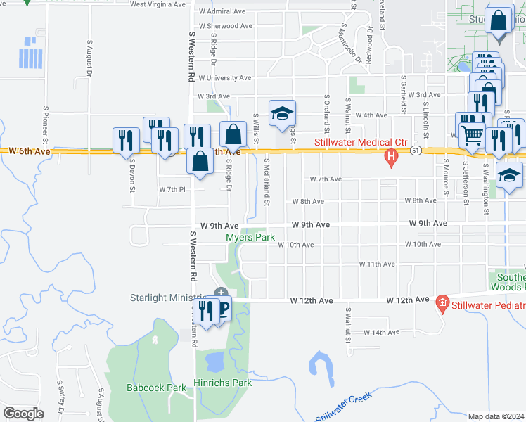 map of restaurants, bars, coffee shops, grocery stores, and more near 814 South McFarland Street in Stillwater