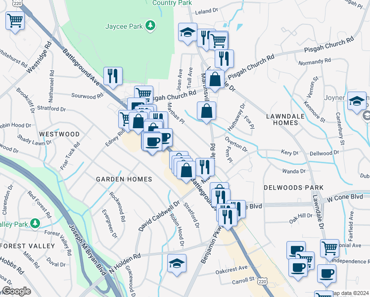 map of restaurants, bars, coffee shops, grocery stores, and more near 2923 Isaacs Place in Greensboro