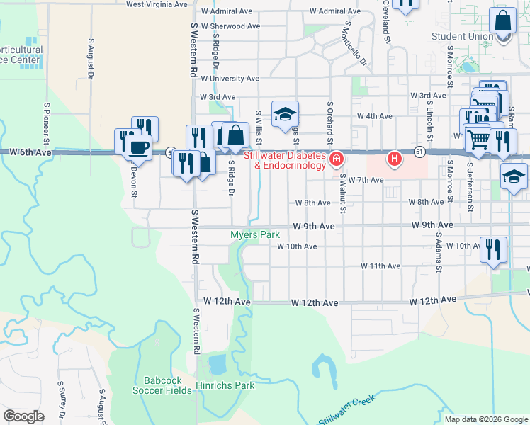 map of restaurants, bars, coffee shops, grocery stores, and more near 2002 West 9th Avenue in Stillwater