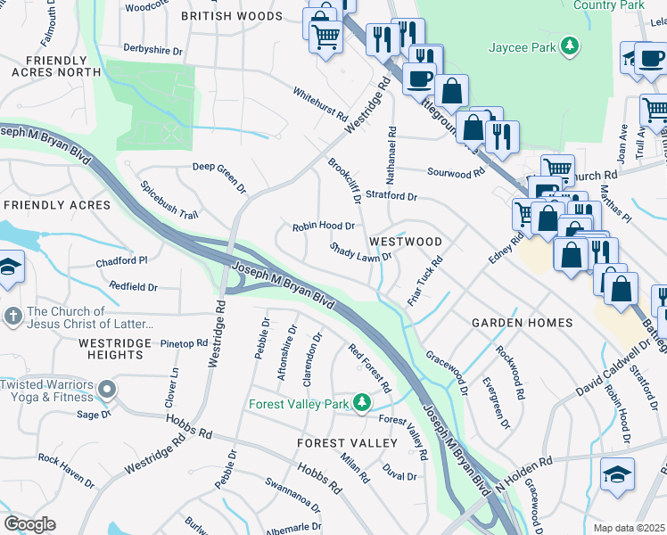 map of restaurants, bars, coffee shops, grocery stores, and more near 2510 Gracewood Drive in Greensboro