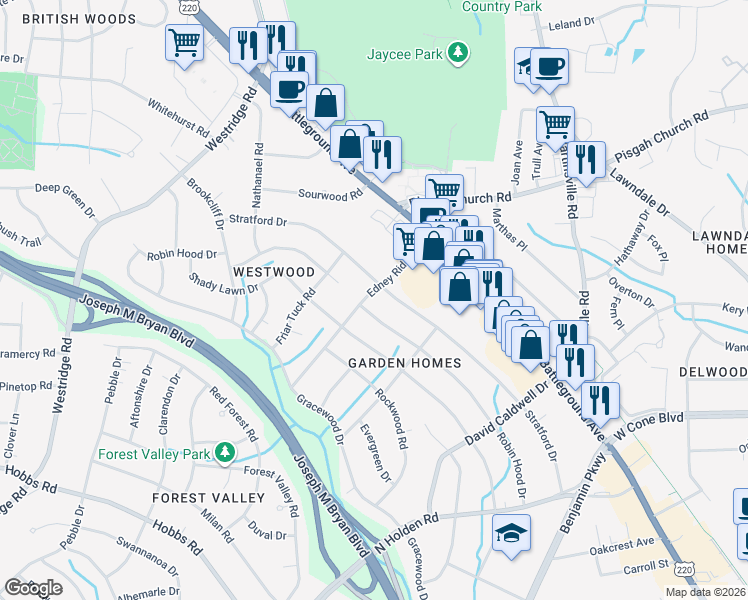 map of restaurants, bars, coffee shops, grocery stores, and more near 2814 Robin Hood Drive in Greensboro