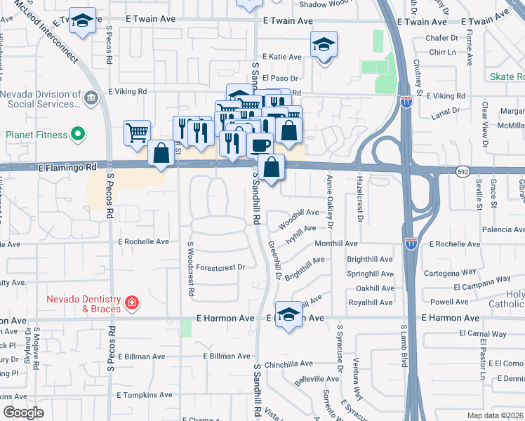 map of restaurants, bars, coffee shops, grocery stores, and more near 4213 Greenhill Drive in Las Vegas