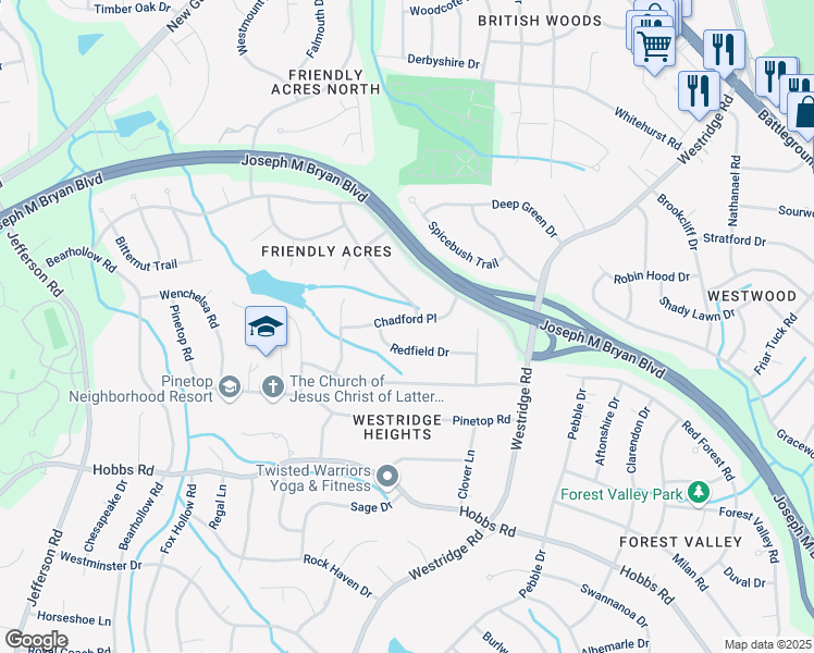 map of restaurants, bars, coffee shops, grocery stores, and more near 3603 Chadford Place in Greensboro