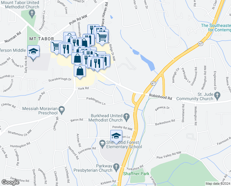 map of restaurants, bars, coffee shops, grocery stores, and more near 825 Clovelly Road Northwest in Winston-Salem