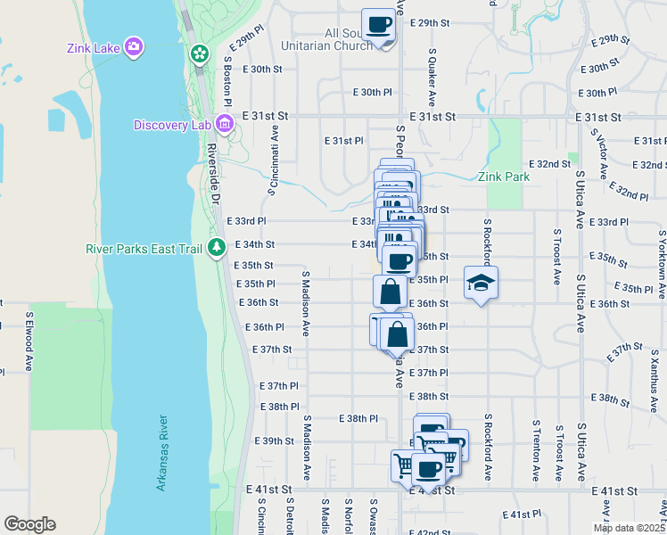 map of restaurants, bars, coffee shops, grocery stores, and more near 1031 East 35th Place in Tulsa