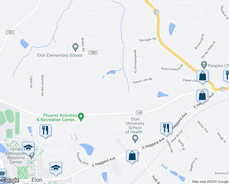 map of restaurants, bars, coffee shops, grocery stores, and more near 1974 Power Line Road in Elon