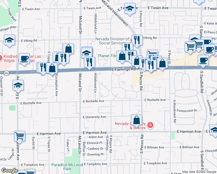 map of restaurants, bars, coffee shops, grocery stores, and more near 3145 East Flamingo Road in Las Vegas