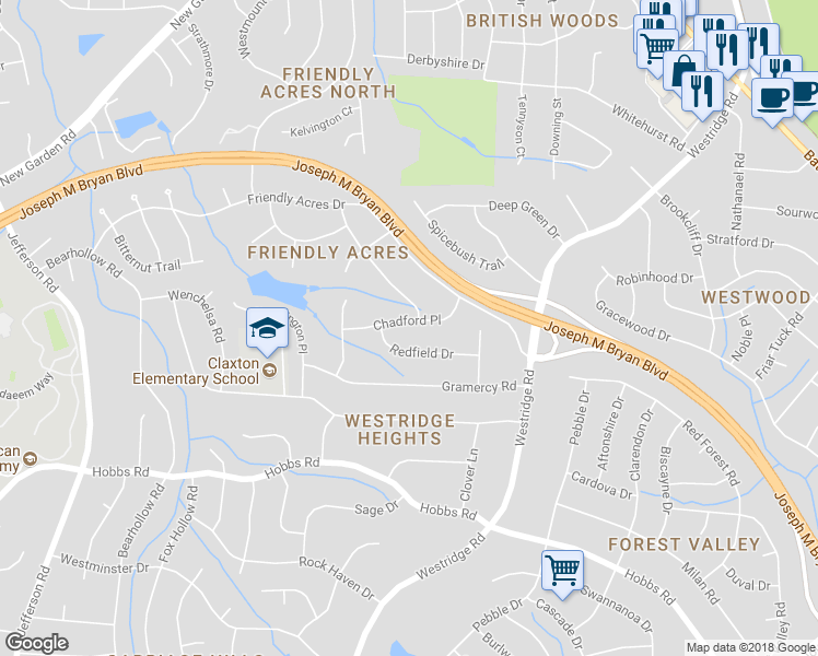 map of restaurants, bars, coffee shops, grocery stores, and more near 3603 Chadford Place in Greensboro