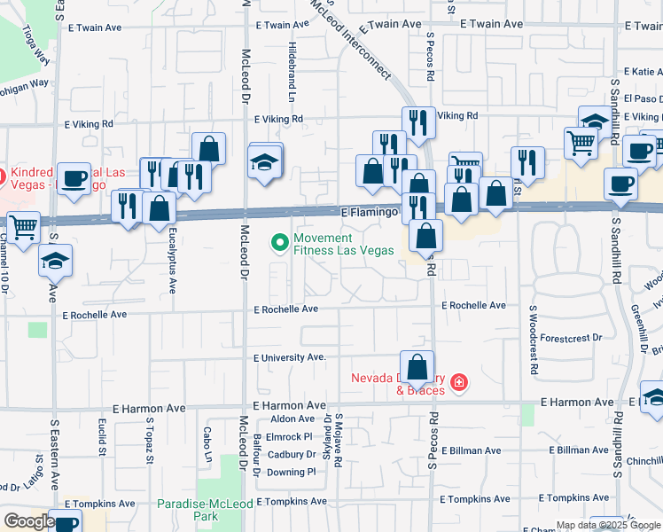 map of restaurants, bars, coffee shops, grocery stores, and more near 3145 East Flamingo Road in Las Vegas