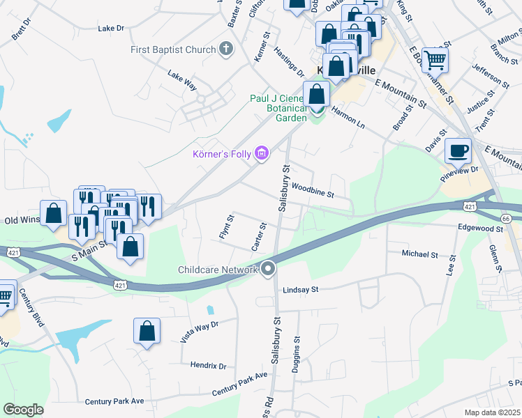 map of restaurants, bars, coffee shops, grocery stores, and more near 219 Center Street in Kernersville
