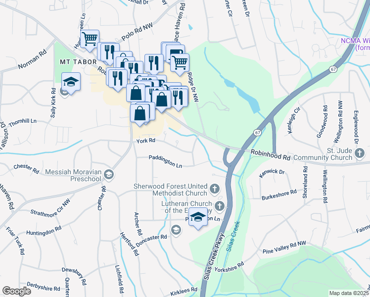 map of restaurants, bars, coffee shops, grocery stores, and more near 810 Clovelly Road Northwest in Winston-Salem