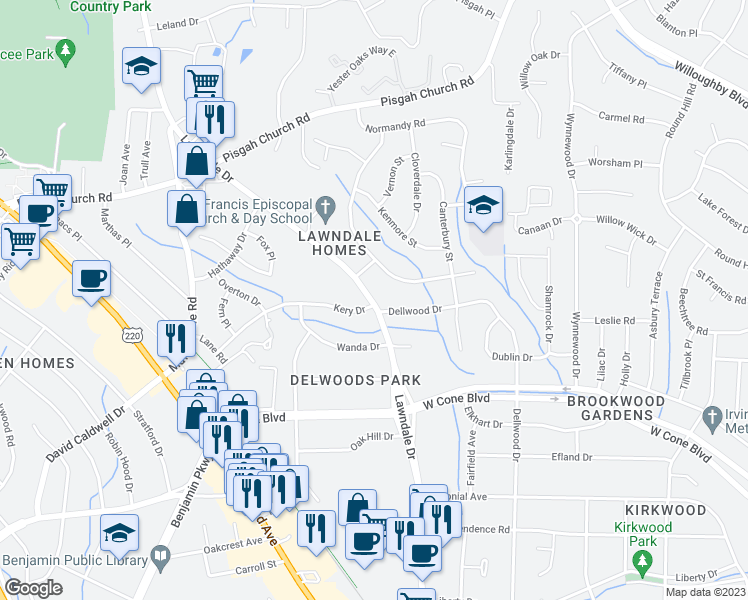 map of restaurants, bars, coffee shops, grocery stores, and more near 3102 Lawndale Drive in Greensboro