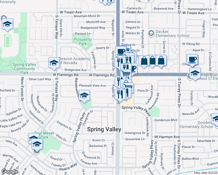 map of restaurants, bars, coffee shops, grocery stores, and more near 6996 Pinebrook Court in Las Vegas