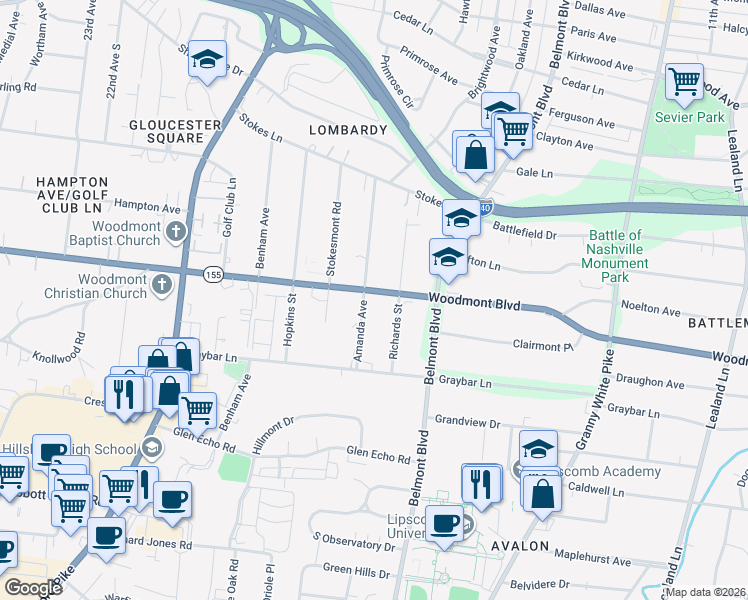 map of restaurants, bars, coffee shops, grocery stores, and more near 3503 Richards Street in Nashville