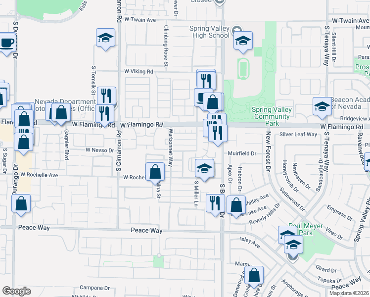 map of restaurants, bars, coffee shops, grocery stores, and more near 7885 West Flamingo Road in Las Vegas