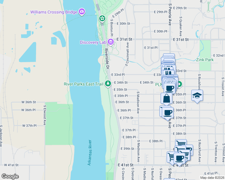 map of restaurants, bars, coffee shops, grocery stores, and more near 107 East 35th Place in Tulsa
