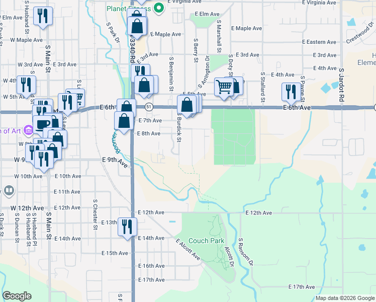 map of restaurants, bars, coffee shops, grocery stores, and more near 835 South Burdick Street in Stillwater