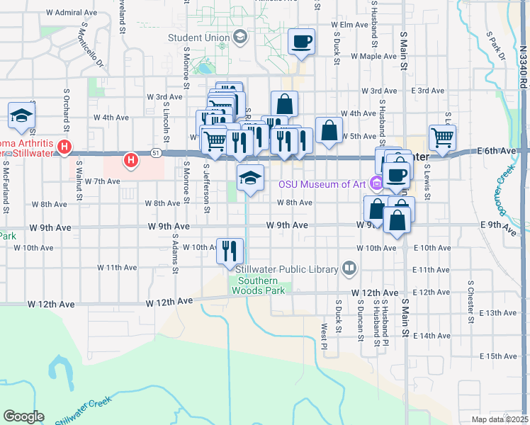 map of restaurants, bars, coffee shops, grocery stores, and more near 624 West 9th Avenue in Stillwater