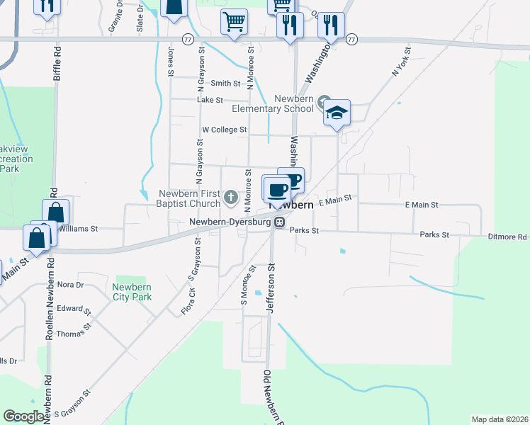 map of restaurants, bars, coffee shops, grocery stores, and more near in Newbern