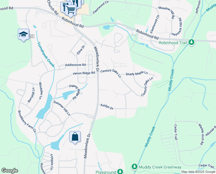 map of restaurants, bars, coffee shops, grocery stores, and more near 5461 Meadowlark Court in Winston-Salem