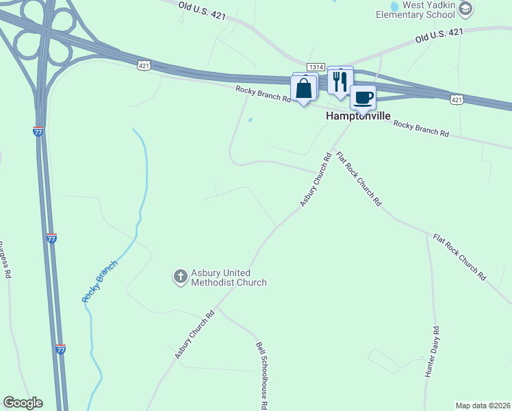 map of restaurants, bars, coffee shops, grocery stores, and more near 4417 Wiles Road in Hamptonville