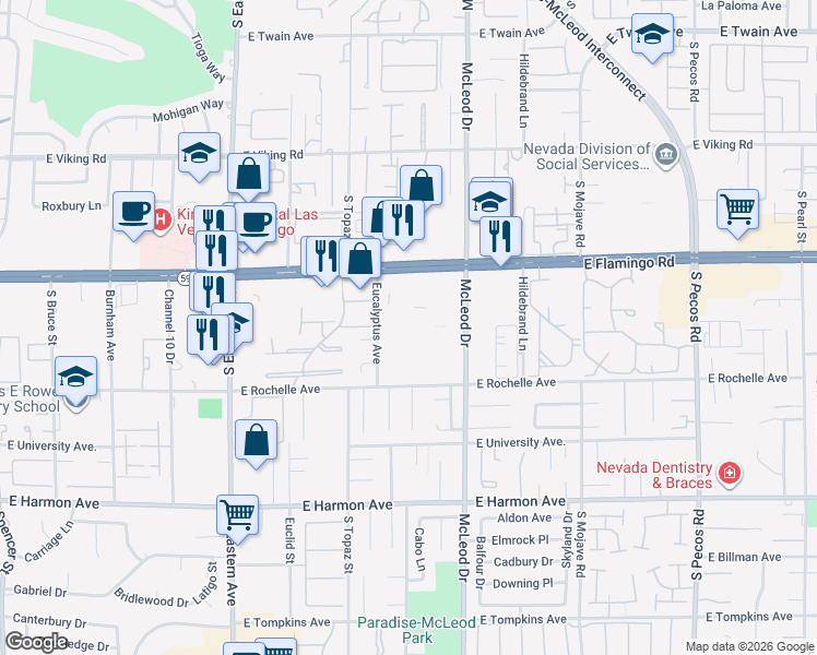 map of restaurants, bars, coffee shops, grocery stores, and more near 2832 East Flamingo Road in Las Vegas
