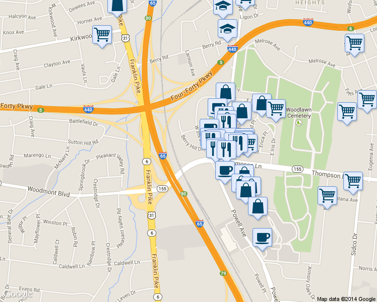map of restaurants, bars, coffee shops, grocery stores, and more near 2935 Berry Hill Dr in Nashville