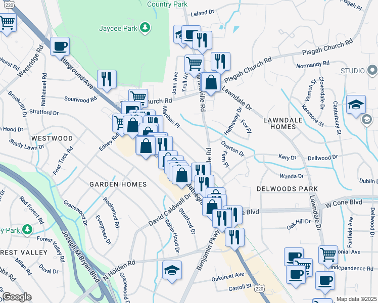 map of restaurants, bars, coffee shops, grocery stores, and more near 2918 Isaacs Place in Greensboro